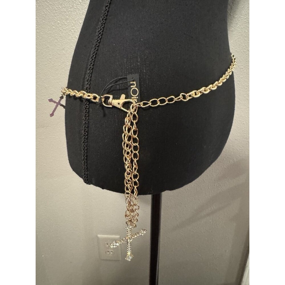 NOIR Belt Long Rope Link Chain CZ Cross Goldtone Adjustable XL Extra Large NEW - Picture 6 of 13